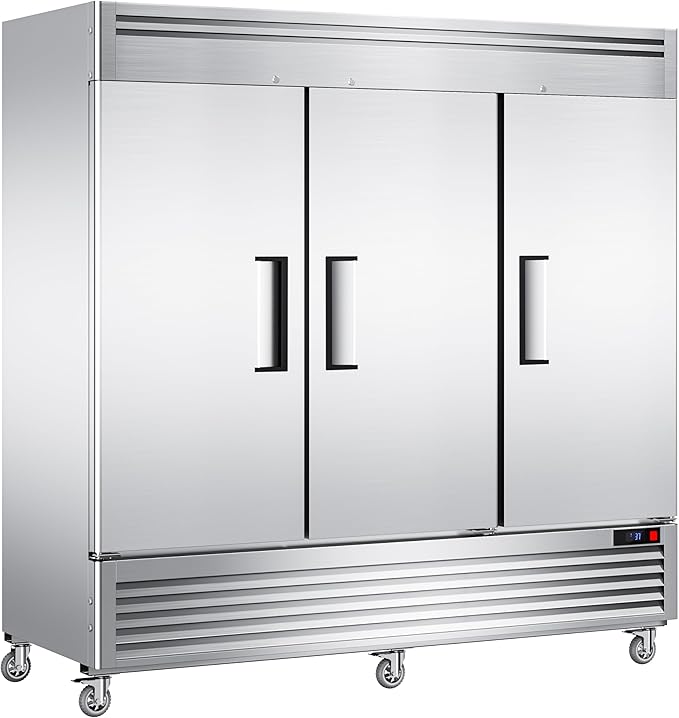 Coolake 82" Width Commercial Refrigerator 3 Solid Doors, 72 Cu.ft Stainless Steel Reach-in Upright Fridge with LED Lighting, Fan Cooling Refrigerator for Restaurant Cafe Hotel Kitchen Prep Area