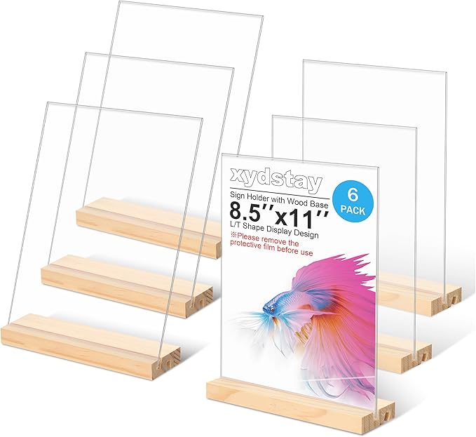 6pack 8.5x11 Acrylic Sign Holder with Wood Base for Picture Frames,L/T Shape Double Slot Design for Vertical or Slant Back Display, for Restaurant, Office, School, Store and Home Use