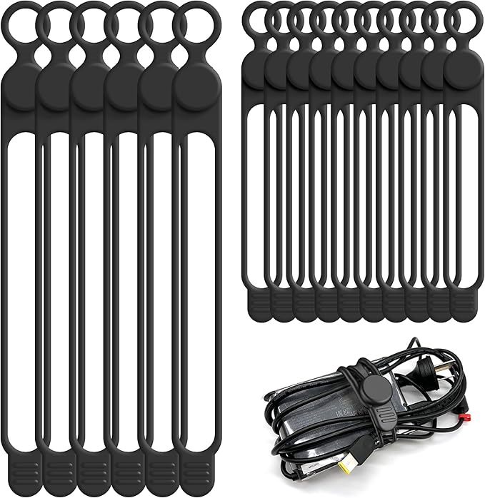 Silicone Cable Ties, Cord Organizer Cable Management, 2Sizes-Black | Reusable by ELECTRONICSORGANIZATION