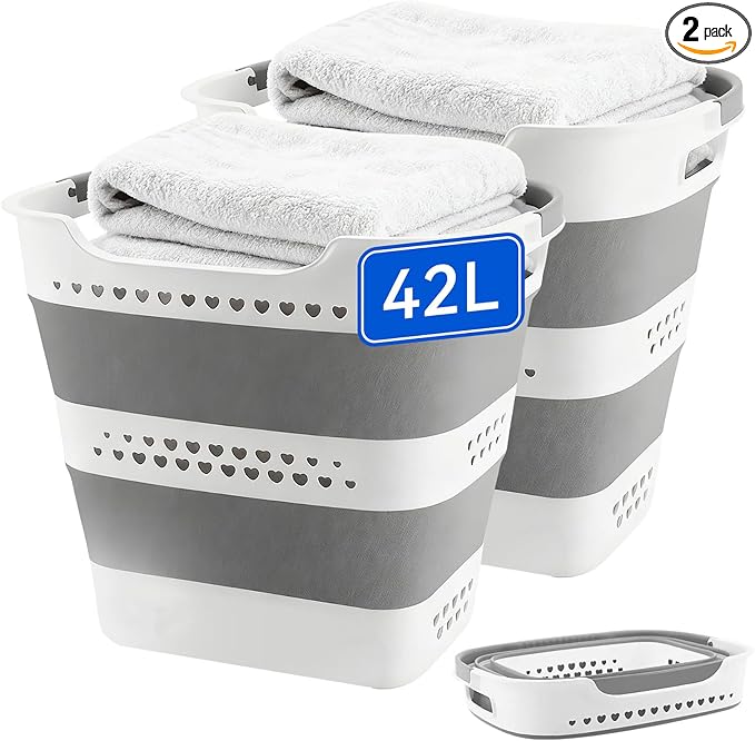 2 Pcs 42L Medium Collapsible Plastic Laundry Basket by Unknown