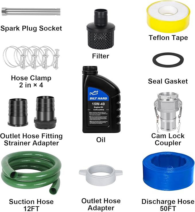 BILT HARD Semi Trash Pump 2 inch, 158 GPM 7HP Gas Powered Water Pump, 212cc 4-Cycle Engine with 50 ft Discharge Hose, 12 ft Suction Hose and Complete Fittings, EPA Certified