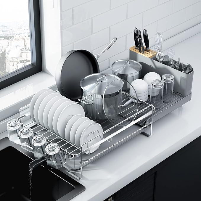Kitsure Extendable Dish Drying Rack, 19.2"-26.7" L x 12.9" W, Sliver | Large by Kitsure