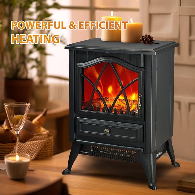 Freestanding Electric Fireplace Stove Heater, 1500W with Realistic 3D LED Flame Effect, Adjustable Brightness & Thermostat, 2 Heat Settings, Overheat Protection, for Home Indoor Use