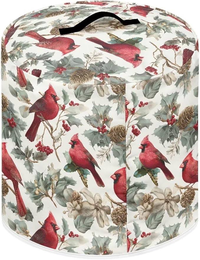8 Quart Pressure Cooker Dust & Stains Protector Cover Round Bag with Top Handle and Storage Pocket Kitchen Appliance Decoration Christmas Cardinal Bird Print