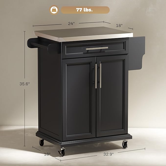 HOMCOM Kitchen Island on Wheels, Rolling Kitchen Cart with Stainless Steel Countertop, Drawer, Towel Rack and Spice Rack, Utility Storage Trolley, Black