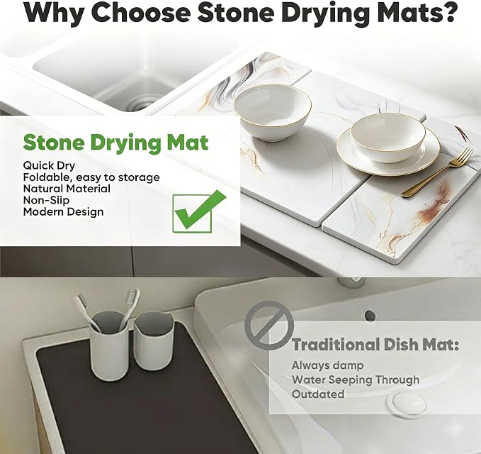 Stone Drying Mat for Kitchen Counter, Quick Diatomaceous Earth Mats for Dishes - Image 2