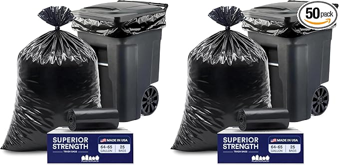 Plasticplace 64-65 Gallon Black Trash Bags, Heavy Duty Toter Can Liners by Plasticplace