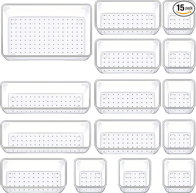 Manalete 15 Pcs Clear Plastic Drawer Organizer, Makeup & Vanity Organizer | by Manelete