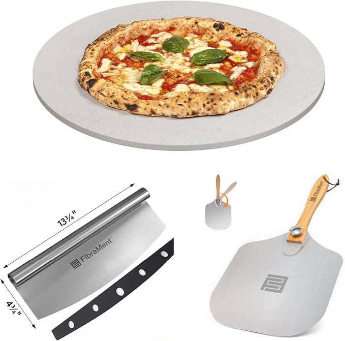 FibraMent-D Premium 3-Piece Pizza Stone Set Perfect for Home Ovens - 16" Round Pizza Stone, Peel & Rocker Pizza Cutter, Durable Baking Stone for Bread, Pastries Ranked 'BEST OVERALL PIZZA STONE'