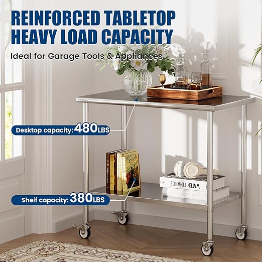 Stainless Steel Work Table with Wheels, 24x48 Inch NSF Kitchen Prep Table with Adjustable Undershelf for Commercial Restaurant, Garage, Outdoor BBQ