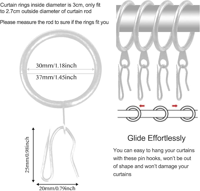 60 Pcs Metal Drapery Curtain Rings & Hooks, 30 mm Internal Diameter - Image 2