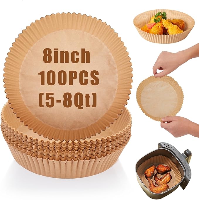 Air Fryer Liners Disposable, 100PCS Non-stick Disposable Airfryer Liners, 8 Inch Unbleached Parchment Paper, Round Airfryer Paper Liners for 5-8QT Air Fryer, Baking, Roasting Microwave