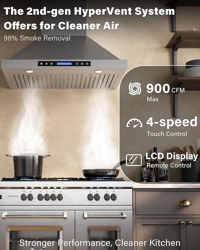 30 inch Stainless Steel Wall Mount Range Hood - 900 CFM, Ultra-Quiet 4-Speed Vent, Touch/Remote Control LCD, LED Lights, Ducted/Ductless Convertible