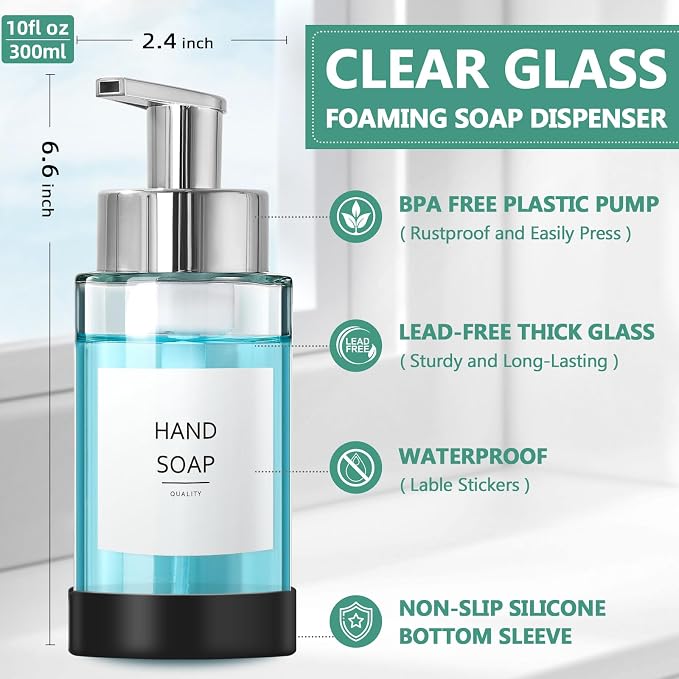 RYTOXILO Glass Soap Dispenser, 10 oz/300ml Foaming Soap Dispenser, 2 Pack - Image 3