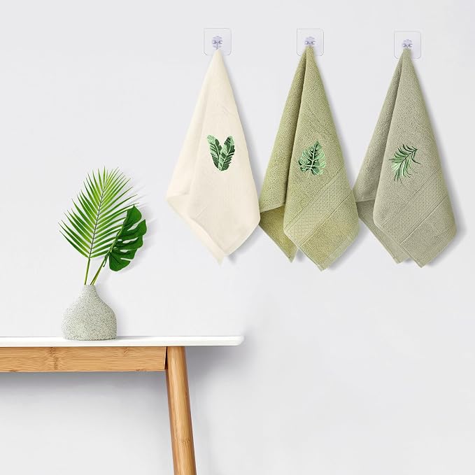 3 Pcs Sage Green Hand Towels Tropical Bathroom Kitchen Decor | Embroidered - Image 4