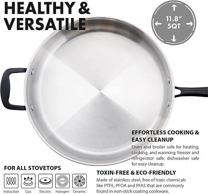 GrandTies Tri-Ply Stainless Steel Saute pan Induction Cookware – 5 QT 12 Inch Capsule Bottom Stainless Steel Pan, Marquina Black Metal Handle Kitchen Cooking Pan with Lid, Dishwasher Safe Pot