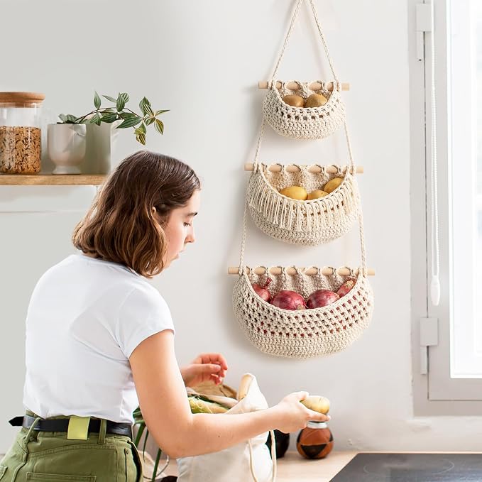 3 Tier Hanging Fruit Baskets for Kitchen, Handmade Cotton Organizer - Image 3