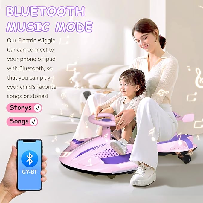 12V Electric Wiggle Car Ride On Toy, Swing Car with Pedal, for Kids 37-95 Months, Anti-Rollover, Flashing Wheels, Bluetooth, Tailpipes Jet Birthday Gifts for Boys and Girls(Pink+Violet)