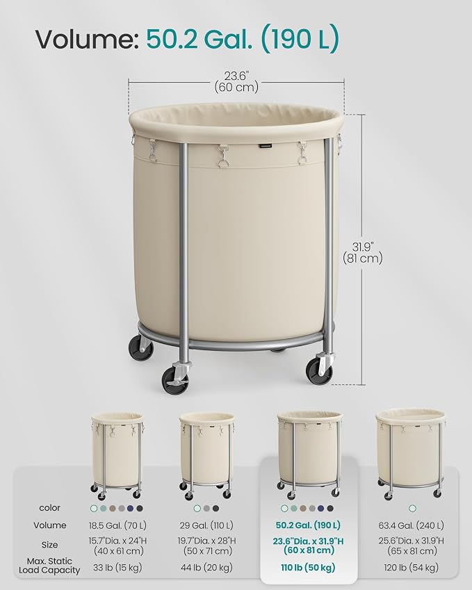 SONGMICS Laundry Basket with Wheels, Steel Frame, Removable Bag - Image 7