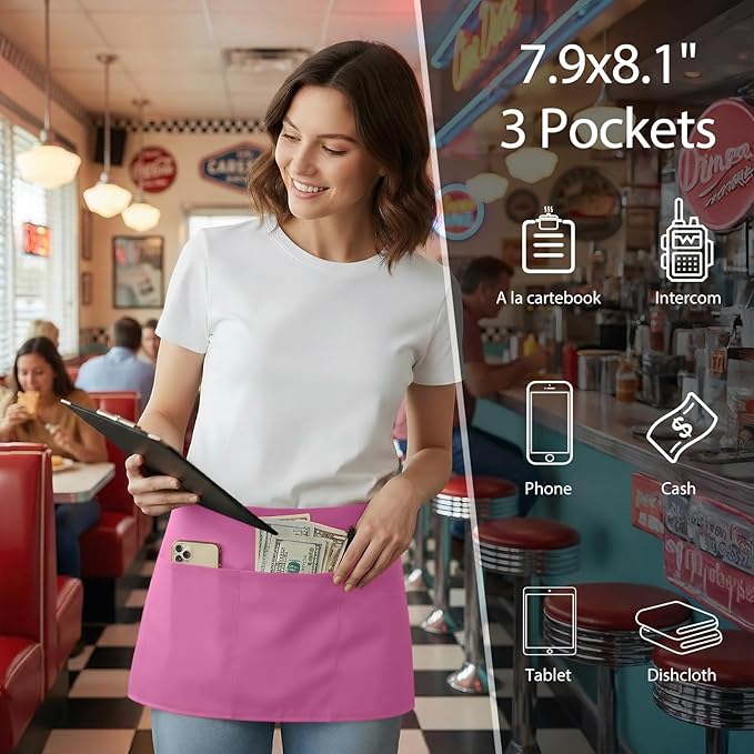 BOHARERS Waist Apron with 3 Pockets - Black Waitress Waiter Server Short Aprons