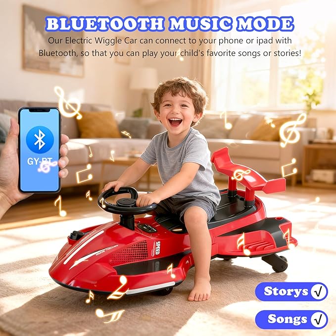 12V Electric Wiggle Car Ride On Toy, Swing Car with Pedal, for Kids from Ages 3 and Up, Birthday Gifts for Boys and Girls, Anti-Rollover, Flashing Wheels, Bluetooth(Black+Red)