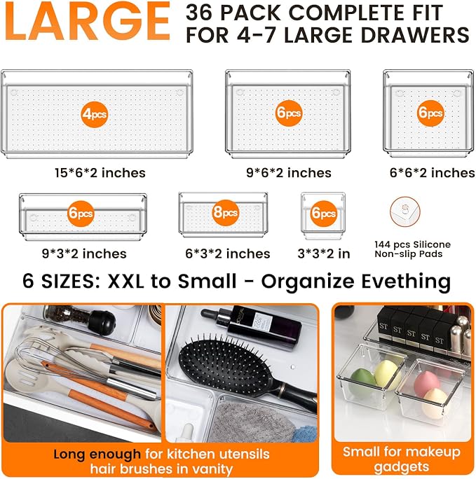 36 Pack Large Clear Plastic Drawer Organizer Bins - Image 2