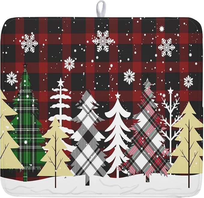 Christmas Dish Drying Mat for Kitchen Counter 16”x18” Christmas Tree Buffalo by Kawani