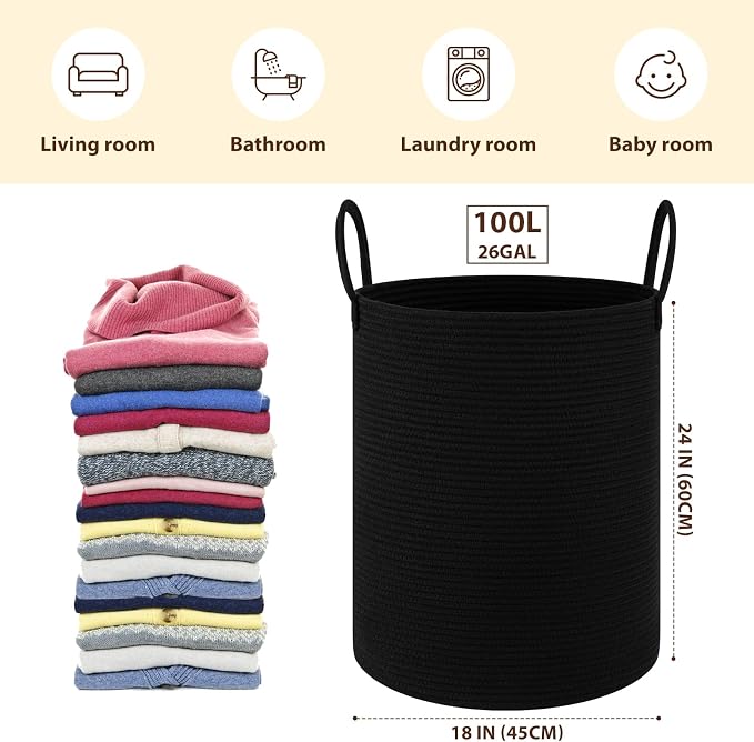 OIAHOMY 100L Nursery Hamper Laundry Basket Laundry Hamper Black - Image 2