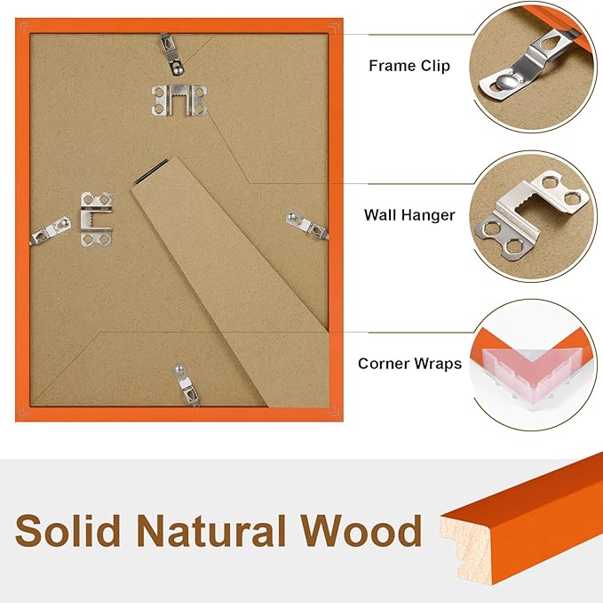 Vittanly 8x10 Picture Frame Set of 2, Solid Wood Frame for Wall or Tabletop, Display Photo 5x7 with Mat or 8x10 without Mat, Orange