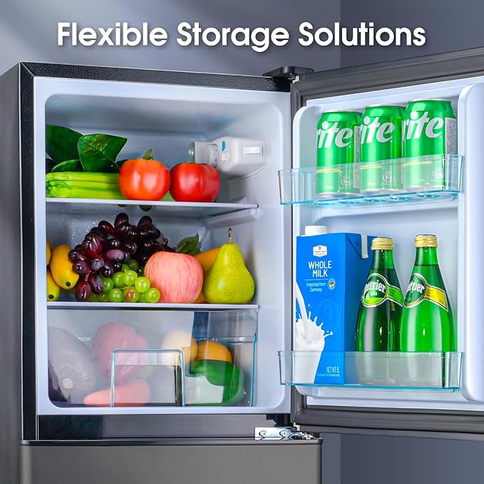 Fridge with Bottom Freezer and Drawer, 4.0 Cu.Ft Double Door Refrigerator with 7 Adjustable Temperature Settings for Bedroom, Dorm, Office, Apartment, Large Capacity, Black