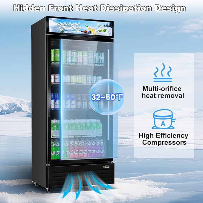 Tylza Commercial Refrigerator with Glass Door Display Beverage Fridge, 21.2 Cu Ft Upright Beverage Cooler Merchandiser with Rebound Door, Fast Cooling, Low Noise, Black