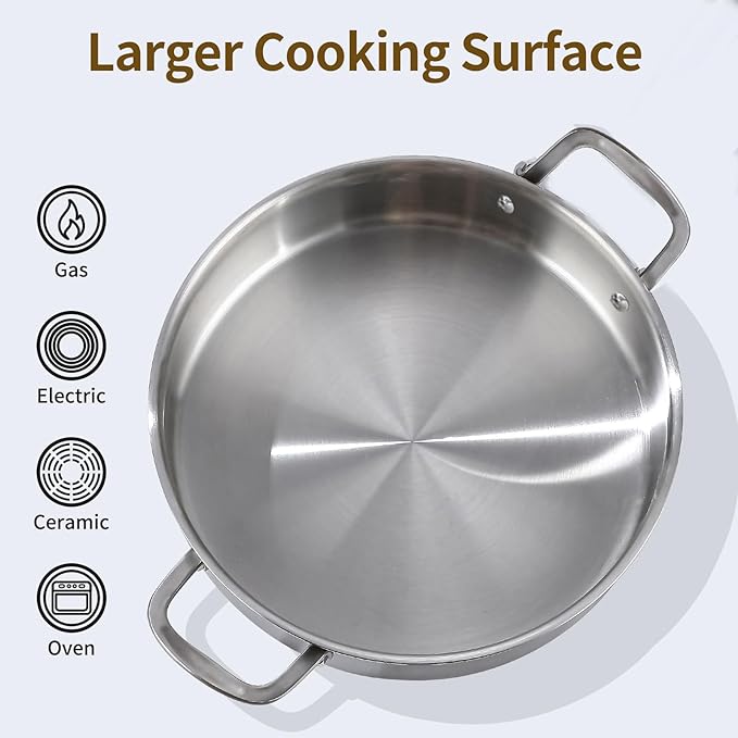 DELARLO Tri-Ply Stainless Steel 6 Quart Braiser Pan with Lid Induction Rondeau Pot With Lid 12inch Deep Frying Pan Large Saute Pan Heavy Duty Style Compatible With All Cooktops Up to 650℉