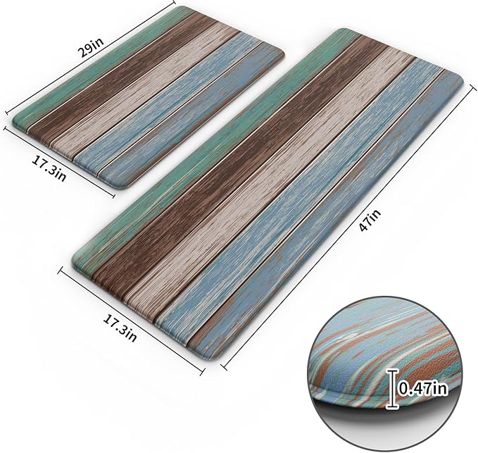 MAYHMYO Anti Fatigue Kitchen Mat for Floor Set of 2 Teal Farmhouse Comfort Mats Cushioned Non Slip Waterproof Kitchen Rugs Standing Kitchen Mats for Floor House Sink Office