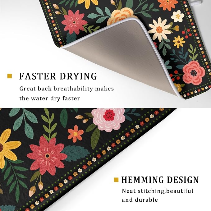 Boho Floral Dish Drying Mat 18x24 Inch Colorful Flower Dishes Dry Mats - Image 3