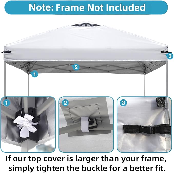 10x10 Canopy Replacement Top Cover with Air Vents for ez up Pop up Canopy Gazebo Tent, with Adjustable Strap, Waterproof & Anti-UV for Outdoor Shade (Frame Not Included) (White)