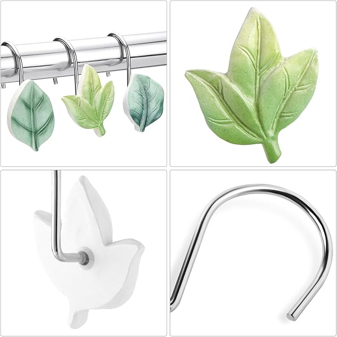 Green Plant Leaf Shower Curtain Hooks, Eucalyptus Bathroom Decor, Metal - Image 3