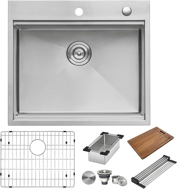 Ruvati 25 x 22 inch Workstation Drop-in Tight Radius Topmount 16 Gauge Stainless Steel Ledge Kitchen Sink Single Bowl - RVH8023