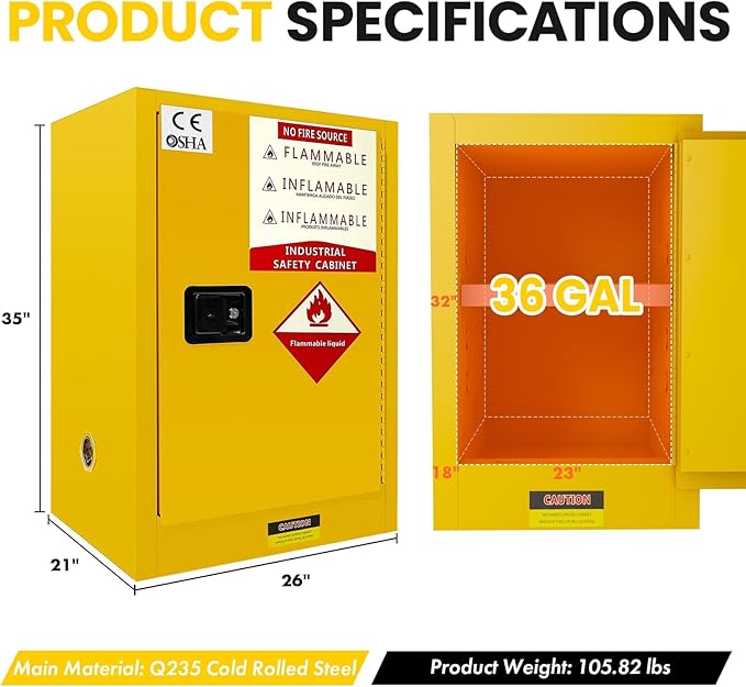 Flammable Storage Cabinet 34"x34"x65", 90 Gallon Chemical Safety Cabinet with Adjustable Shelf, Thickened Galvanized Steel Fireproof Cabinet for Flammable Liquids (26"x21"x35")