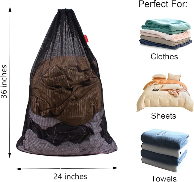 2 Pack Mesh Laundry Bags 24 x 36 Inches Drawstring Bag Black - Image 2