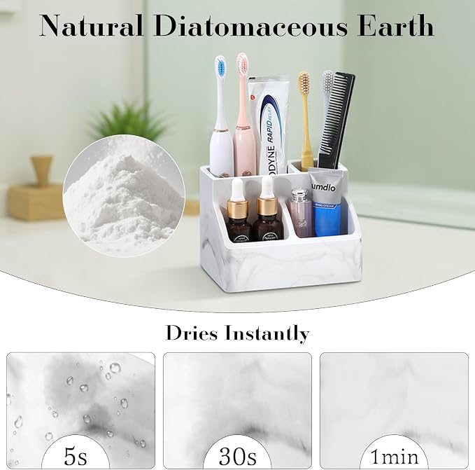 Luxspire Diatomite Toothbrush Holder, 4 Slots, Marble White | Fast Drying - Image 4