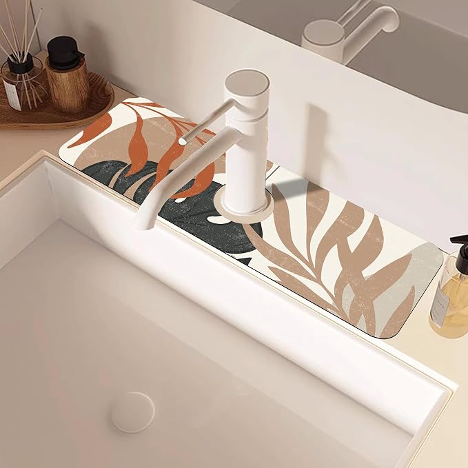 Mid Century Boho Leaves Kitchen Sink Splash Guard Absorbent Fast Drying Mat - Image 2