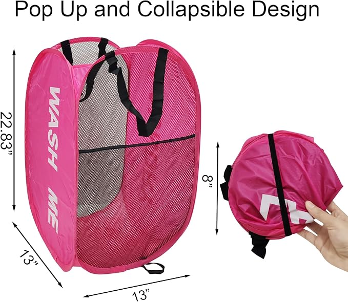 2 Pack Mesh Pop Up Laundry Hamper Collapsible Laundry Basket Pink Dirty Clothes - Image 2