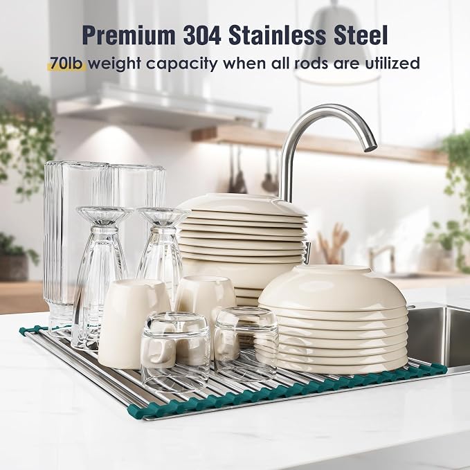 Tomorotec Roll Up Dish Drying Rack Over Sink, 304 Steel, Dark Green | Anti-Slip - Image 5