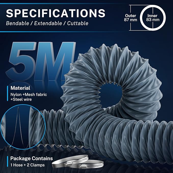 Hon&Guan Diesel Heater Ducting 3" x 16FT, Nylon Flexible Duct Hose, Heavy Duty Hose for Diesel Heater, 3D Printer, Laser Machine, Dryer Vent, RV, Boat Blower, Grey