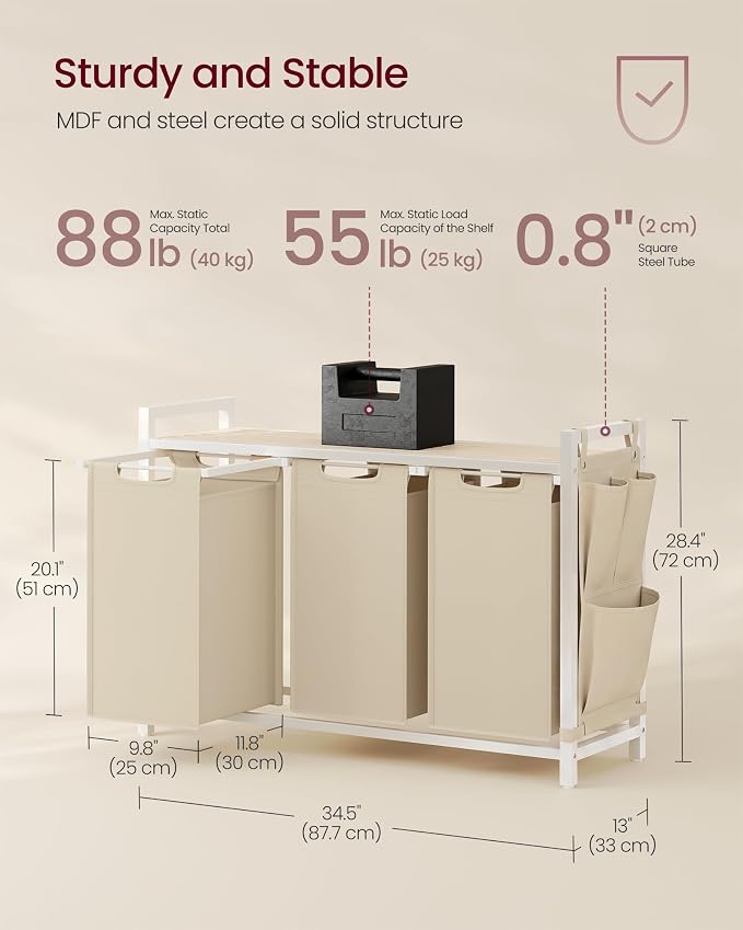 VASAGLE Laundry Hamper with Shelf, 3 Pull-Out Bags, 3 x 10.6 Gallons - Image 6