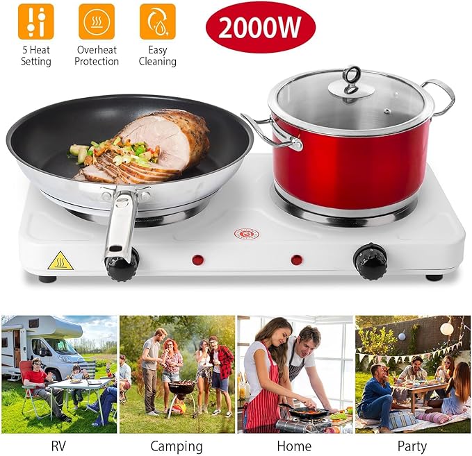 2000W Electric Double Hot Plate Portable Countertop Burner Dual Counter Stove Kitchen Cooktop with 5 Gear Temperature Control for Home RV Camp