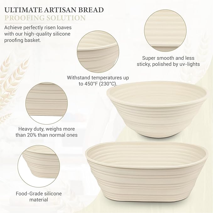 Premium Foldable Silicone Sourdough Banneton Bread Proofing Basket - Includes Oval & Round proofing Bowls (9.5 Inch) - Oven & Dishwasher Safe, Gifts for Artisan Bakers - Beige