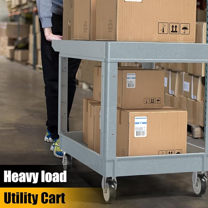 2 Tier Rolling Utility Cart on Wheels, 550 lbs Capacity Flat Top Plastic Tool Cart with Lipped Shelves, 46 x 26-Inch Heavy Duty Work Cart for Warehouse, Garage, Cleaning, Gray