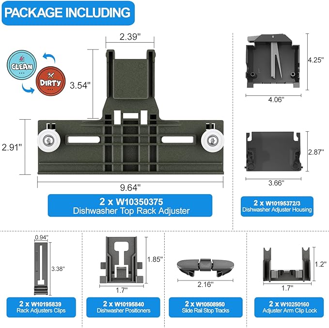 (12 Packs) Upgraded W10350375 Dishwasher Parts for Whirlpool Dishwasher Top Rack Parts WDT730PAHZ0 Upper Rack Parts With W10195372 W10195372 Dishwasher Adjuster Housing,For Kenmore Dishwasher Parts