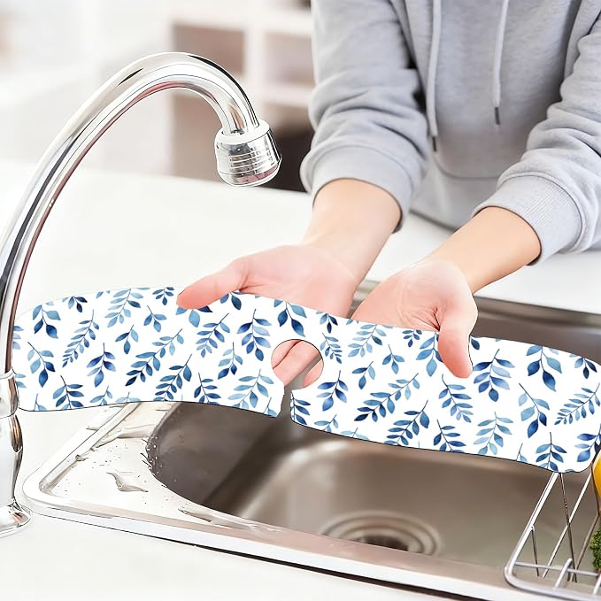 2 Pcs Kitchen Sink Splash Guard Faucet Mat Watercolor Blue Leaves Faucet Mat - Image 6